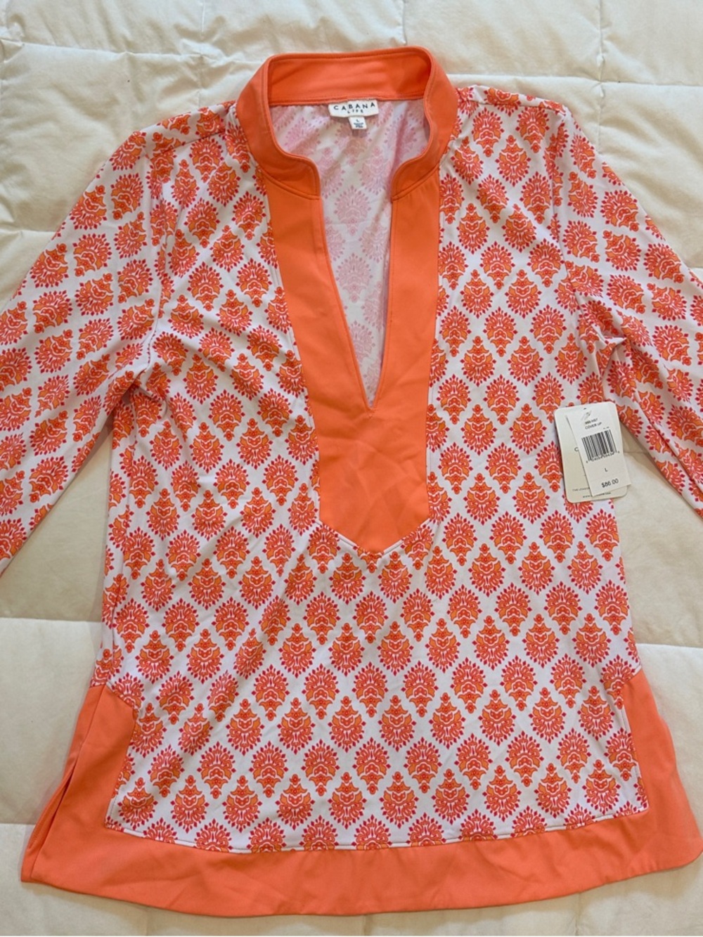 Cabana Life White and Orange Printed V-Neck Swim Tunic
